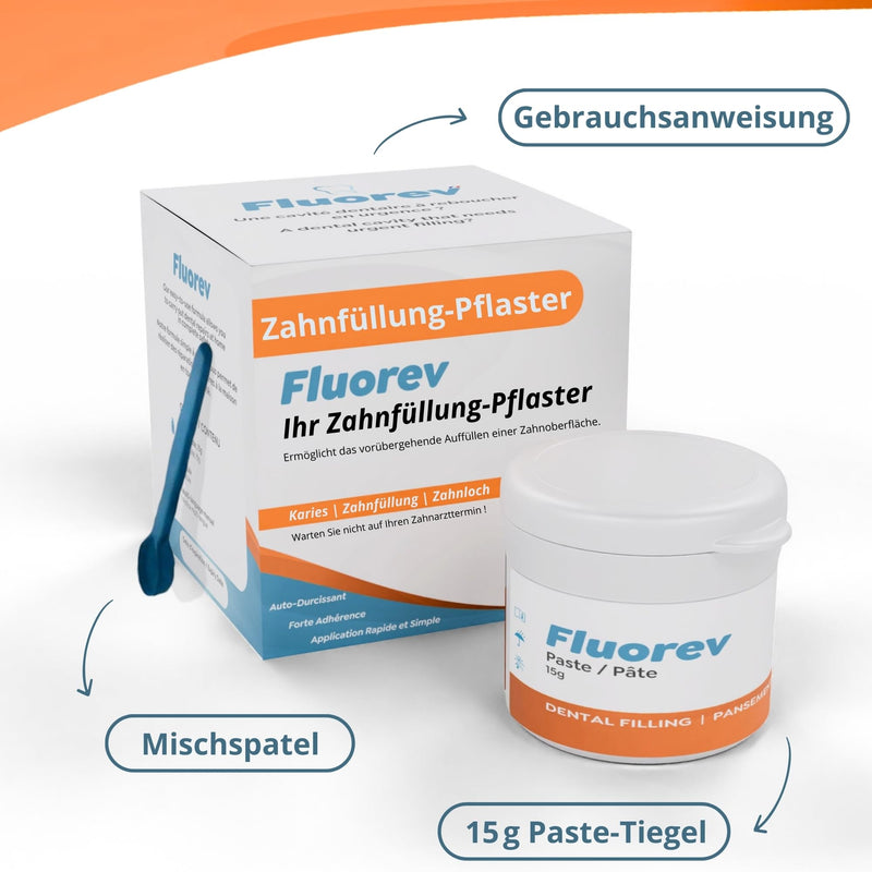 FLUOREV Temporary Dental Filling Material - Temporary Tooth Repair (Caries, Fillings) and Instant Pain Relief - Ready to Use - Easy to Use - Zinc Oxide - 15g