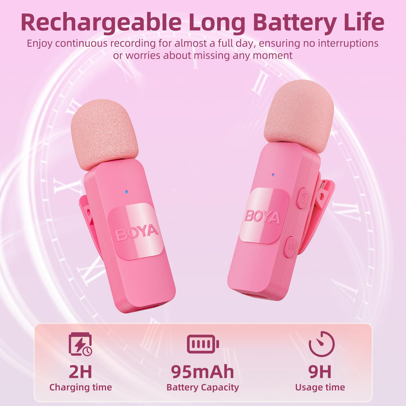 BOYA Wireless Lavalier Microphone for iPhone iPad Phone Omnidirectional External Mini Lapel Lightning Microphone for iPhone Clip-On Mic for Video Recording Podcast YouTube Live Streaming (Pink) Pink