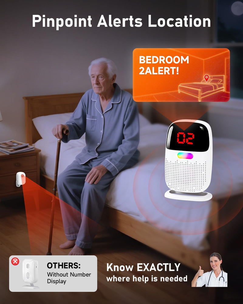 [AUSTRALIA] - PILSAMAS Bed Alarms for Elderly Dementia Patients - Digital Sensor ID Display & Clip-On Caregiver Pager, Wirelss 1000ft Range, No Month Fee, Motion Sensors for Fall & Room Exit Alerts 2 Sensors+ 1 Receiver 