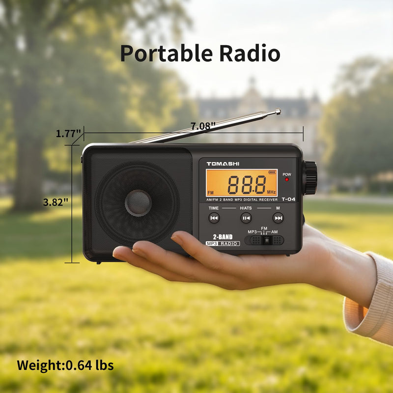 TOMASHI Portable AM FM Radio, USB-C Rechargeable Auto Scan Radio | Large tuning knob, clock display and Micro SD MP3 player. Speaker and headphone jack for home and outdoor use.