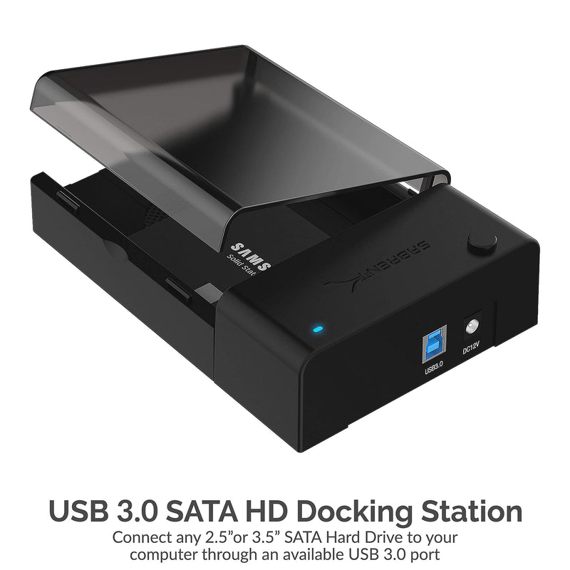 USB 3.0 to SATA External Hard Drive Lay Flat Docking Station with Built in Cooling Fan for 2.5 or 3.5in HDD, SSD+USB 3.0 Extension Cable A Male to A Female [Black] 6 Feet