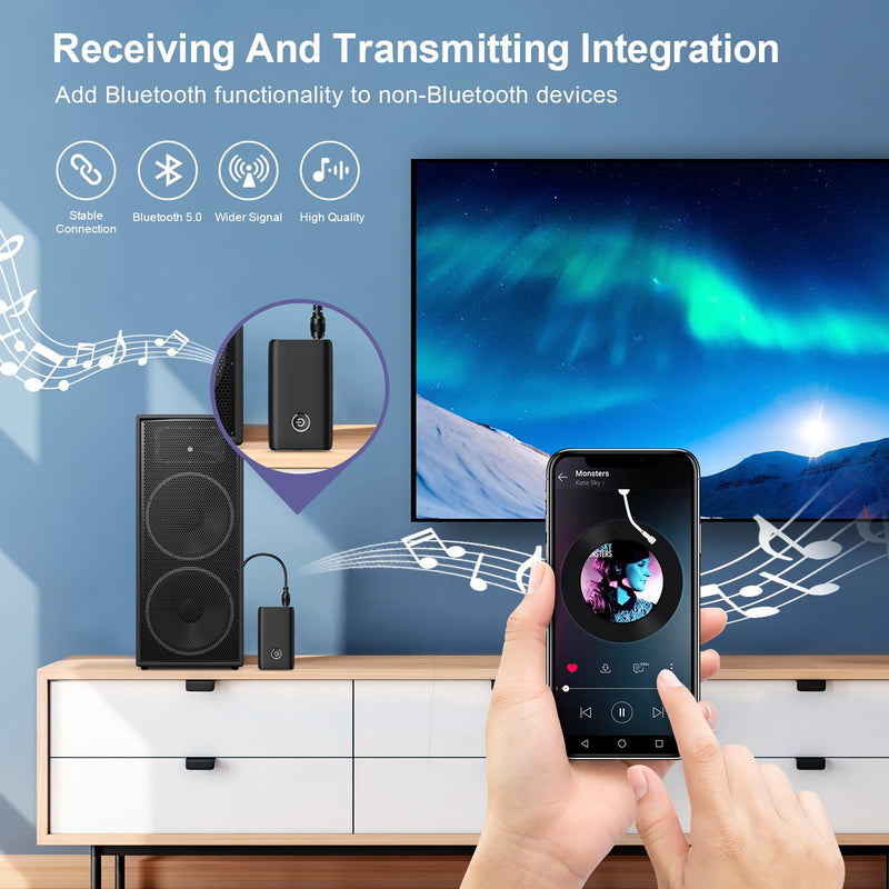 Bluetooth Transmitter Receiver 2 in 1, Hands-Free Call Aux Bluetooth Adapter for Car, Wireless Bluetooth Car Adapter, 3.5mm Bluetooth Audio Adapter Car Home Audio System Headphones Airplane RX+TX Black