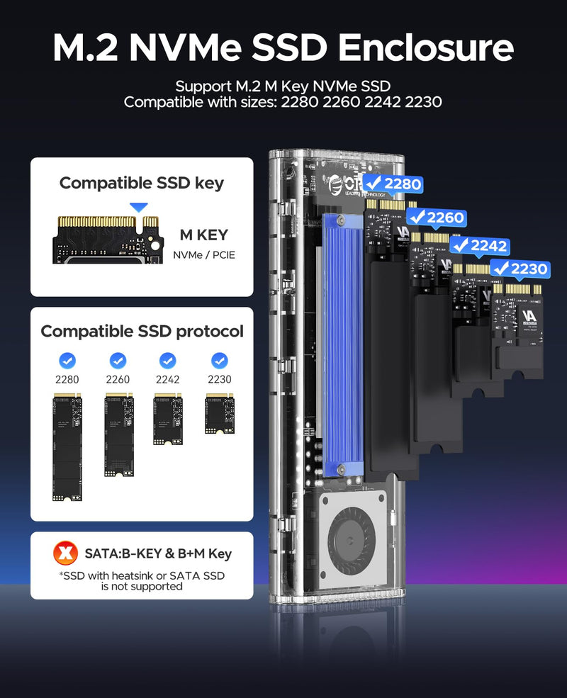 ORICO 40Gbps M.2 NVMe SSD Enclosure with Built-in Cooling Fan, Tool-Free, Support 2230 2242 2260 2280(M Key), Compatible with Thunderbolt 4/3 USB4/3.2-TCM2U4-BLUE