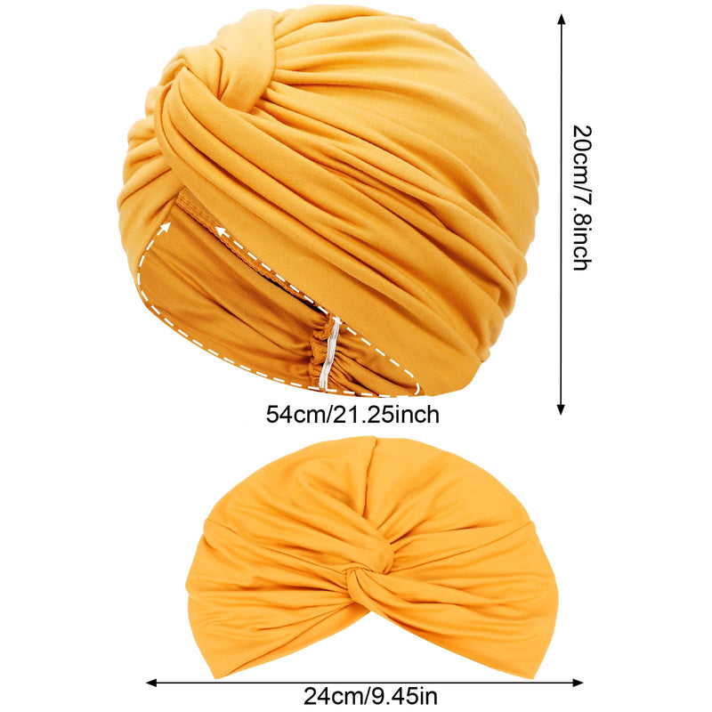 [AUSTRALIA] - XEPST 4 Pieces Turbans for Women, Soft Pre Tied Knot Turban Head Wraps Chemo Headwear Pleated Beanie Cap Sleep Hat One Size Black, Grey, Yellow, Green 