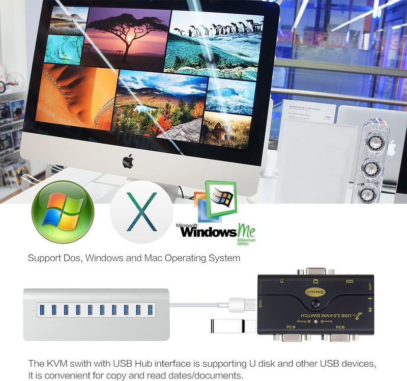 2 Port USB 2.0 VGA KVM Switch Up to 2048x1536 Resolution with USB Hub and Audio for PC or Monitor Switching 21UA