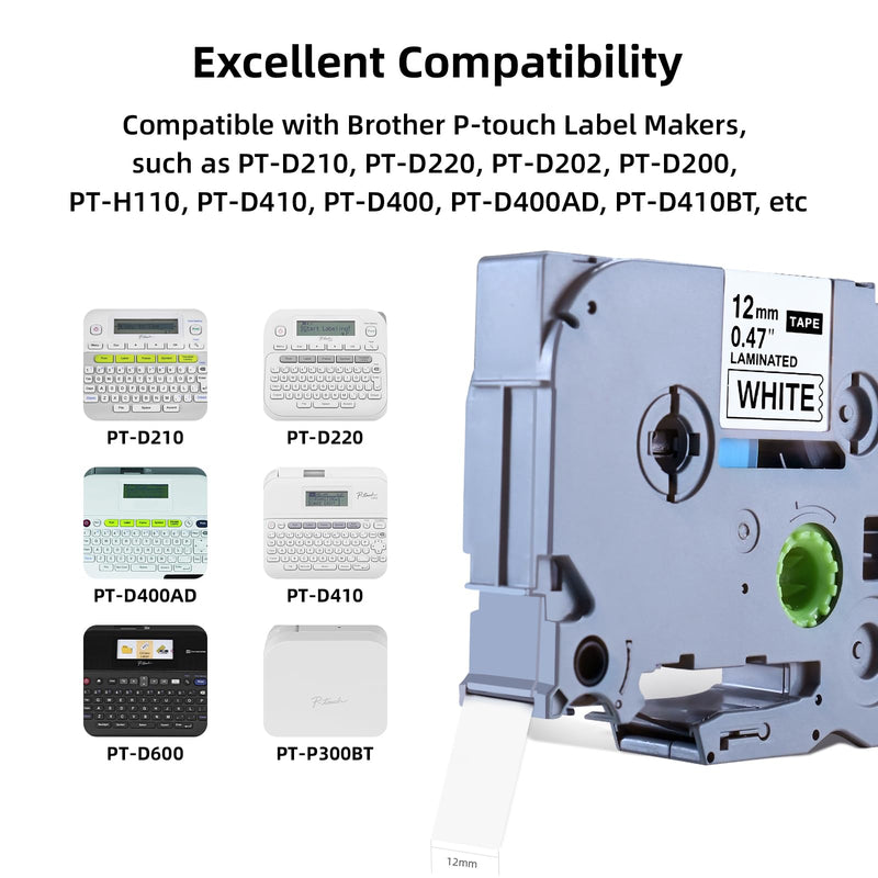 [AUSTRALIA] - Replacement for Brother P Touch Label Tape, Tape 12mm 0.47 Laminated Black on White Tape, Compatible with Brother PT-D210 D410 H110 D220, 6-PK 