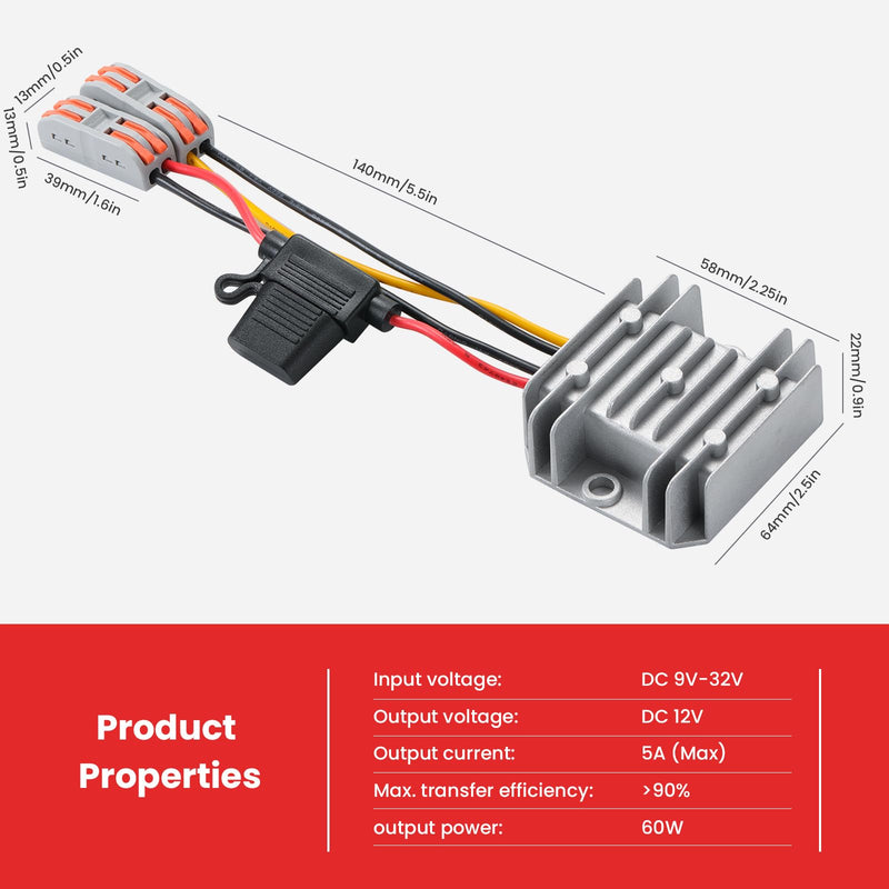60W DC-DC Buck Converter 9V-32V to 12V 5A, Waterproof Car Power Supply, Voltage Regulator for CCTV, Solar Panel, RV, Truck, Audio System Gray-DC 9-32V to 12V 5A