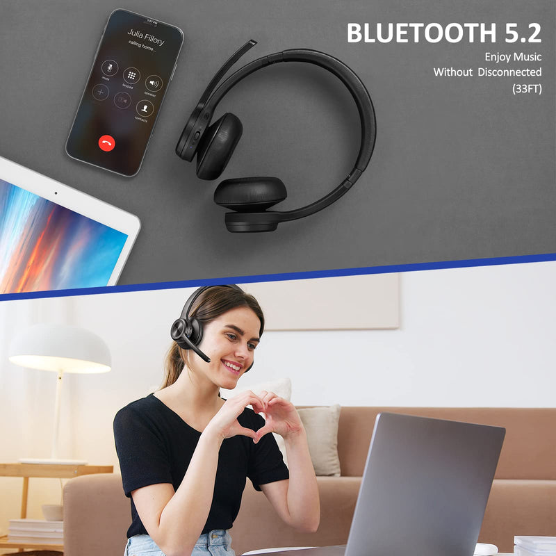 [AUSTRALIA] - EKVANBEL Bluetooth Headset V5.2, Wireless Headphones with Noise Cancelling Microphone, On Ear Wireless Headset for Cell Phones Laptop Computer Black 