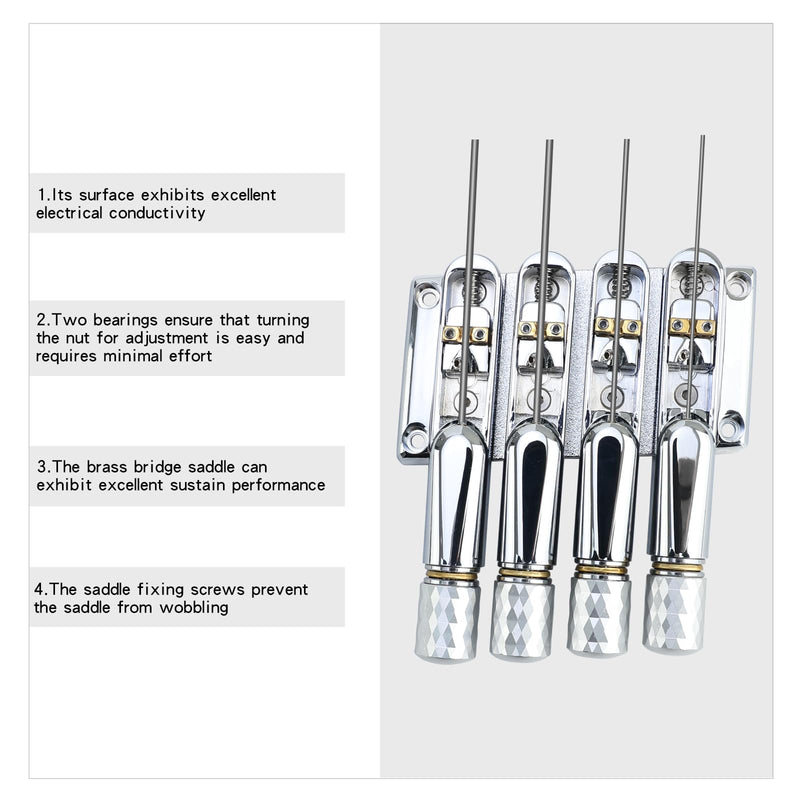 Chrome Headless Electric Bass Bridge 4 String Bass Bridge with Brass Saddles Bass Parts Replacement for 4 String Headless Bass Chrome