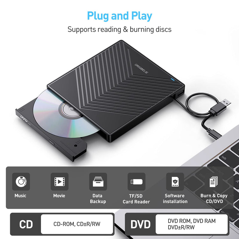 ORIGBELIE External CD DVD Drive, USB 3.0 & 4 USB Ports & 2 TF/SD Card Slots | Ultra Slim CD DVD ROM Player Burner Reader Writer Rewriter Optical Disk Drive for Laptop PC Mac OS Windows 11/10/8/7 Linux 5.6" x 6" x 0.7"