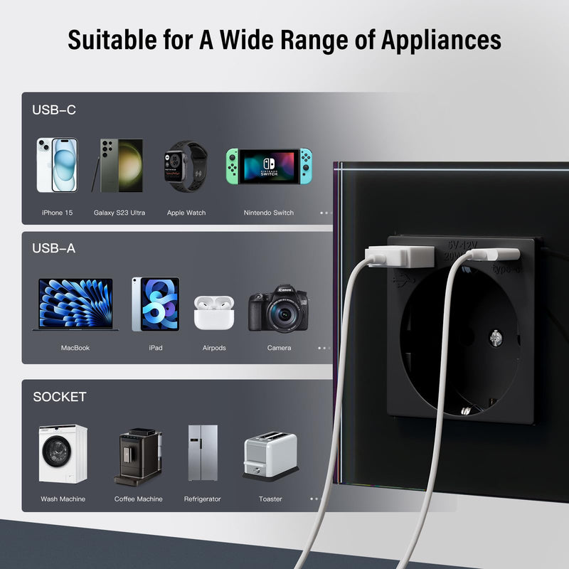 BSEED Glass Socket with 20 W USB C, Quick Charger Wall Socket, 3-in-1 Flush-Mounted Sockets, Easy Installation, 240 V 16 A, 86 mm Single Black 1-gang