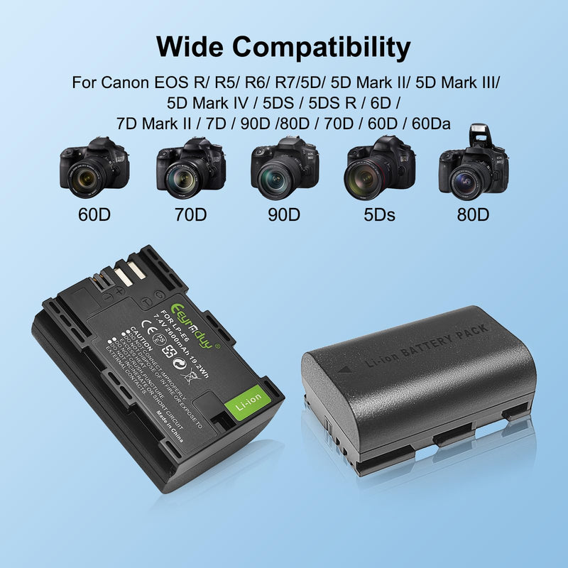 2600mAh 2-Pack of LP-E6 Batteries and Dual Battery Charger Replacement LP-E6 LP-E6N for Canon EOS R R5 R6 R7 60D, 70D, 80D,90D, 5DS R, 5D Mark II III IV, 6D, 7D, C700, XC15 Cameras