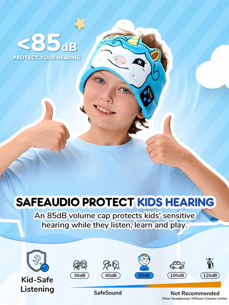 Kids Sleep Headphones Bluetooth Headband, Wireless & Wired Headband Headphones with Ultra-Thin Stereo Speakers for Toddlers Sleeping Airplane Travel BrightBlue