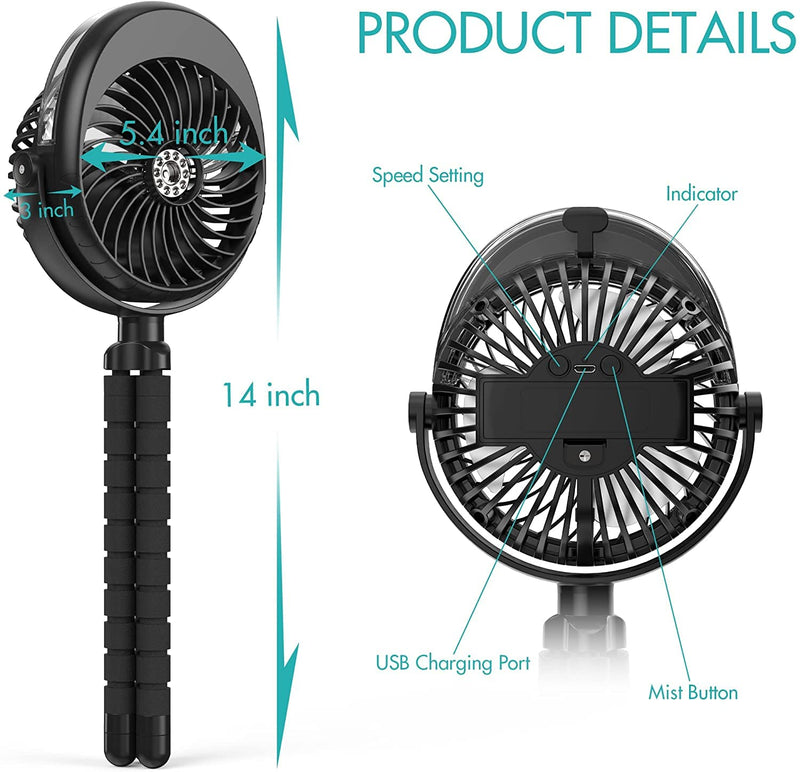 Misting Stroller Fan, 2500mAh Battery Powered Personal Desk Air Circulator Fan with Flexible Tripod, Ultra Quiet 3 Speed 270° & 360° Rotatable USB Fan for Stroller Office Camping Hurricane Outage,Black Black