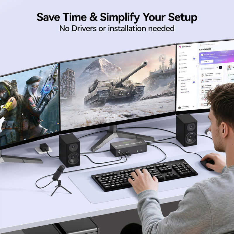 KVM Switch 3 Monitors 2 Computers with Audio, HDMI + DisplayPort Triple Monitor KVM Switches, 3 Monitor KVM Support 4K@60Hz for 2 PC Share 3 Display and 4 USB 3.0 Devices Black D General