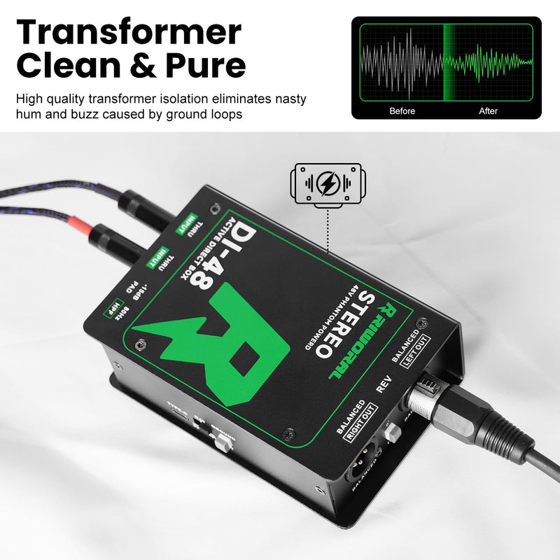 Direct Box with Dual 1/4” High-Impedance Stereo Inputs Di Boxes Support For Guitar/Bass Instruments Premium Direct Injection Active Di Box For Thru & XLR Outputs