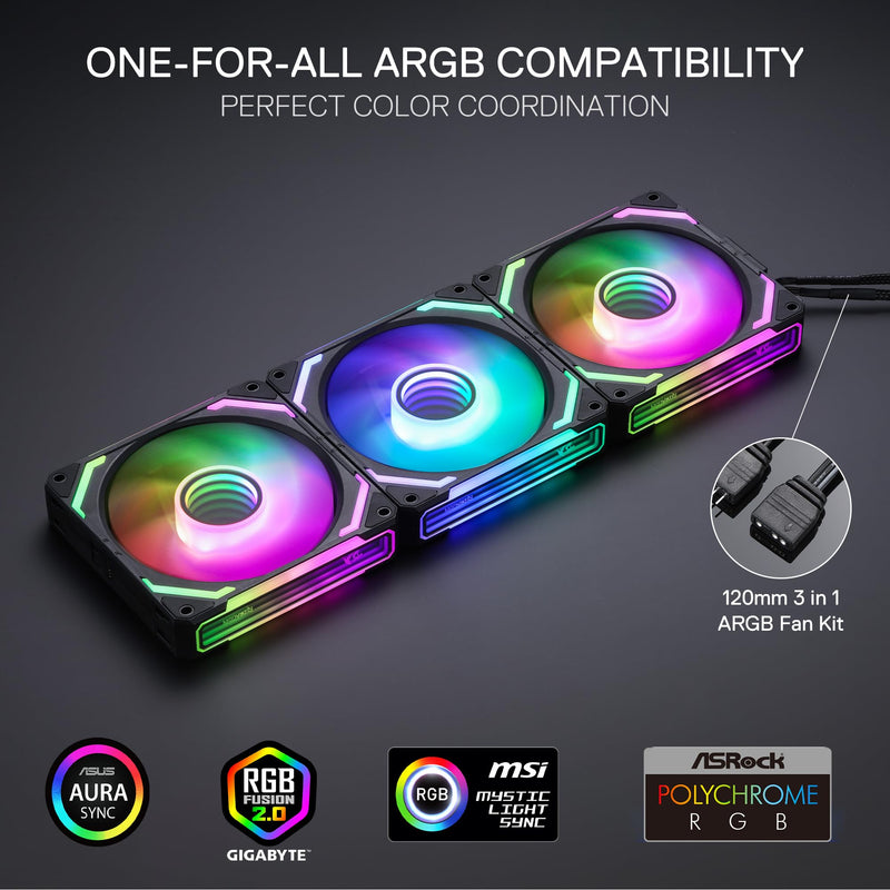 Redragon GCF012 Standard 120mm PC Case Fan, Daisy-Chain Connection, 5V 3Pin ARGB Lighting, 4 Pin PWM Case Fan, for Radiator/Computer Case Cooling, 120x120x25mm, 3 Pack, Black Standard Blade Fan