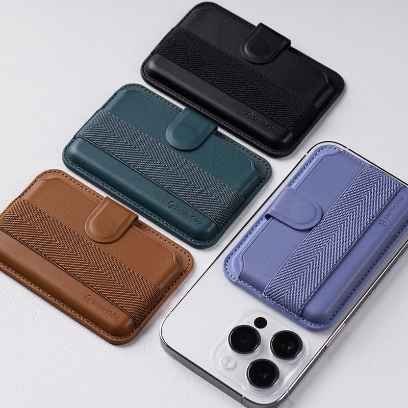 Sinjimoru Comb-Pattern Phone Grip Wallet, Vegan Leather Magnetic Cell Phone Card Holder Wool Band Strap as Credit Card Case Compatible With iPhone 15 14 13 12 Series. M-Pull Tab Band Black