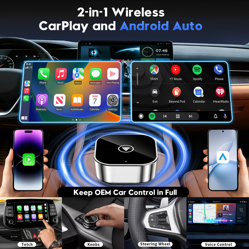 2-in-1 Wireless CarPlay and Android Auto Adapter, 2026 Upgraded Wired to Wireles s Converter, Wireless CarPlay Adapter for Apple iPhone & Android,Plug-and-Play, Stylish and Compact Design