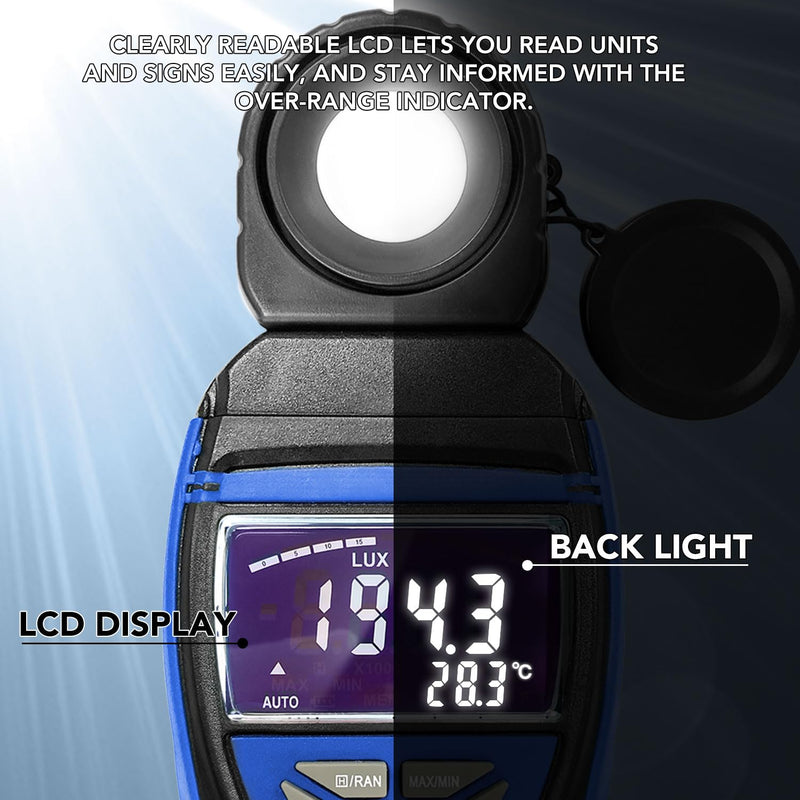 AIOMEST Digital Lux Meter, Illuminance Light Tester Measures 0.1~400,000 Lux/FC, Foot Candles Lumens Detector with Data Storage 270° Rotatable Head for Plants Office LED Luminosity, AI-8801B