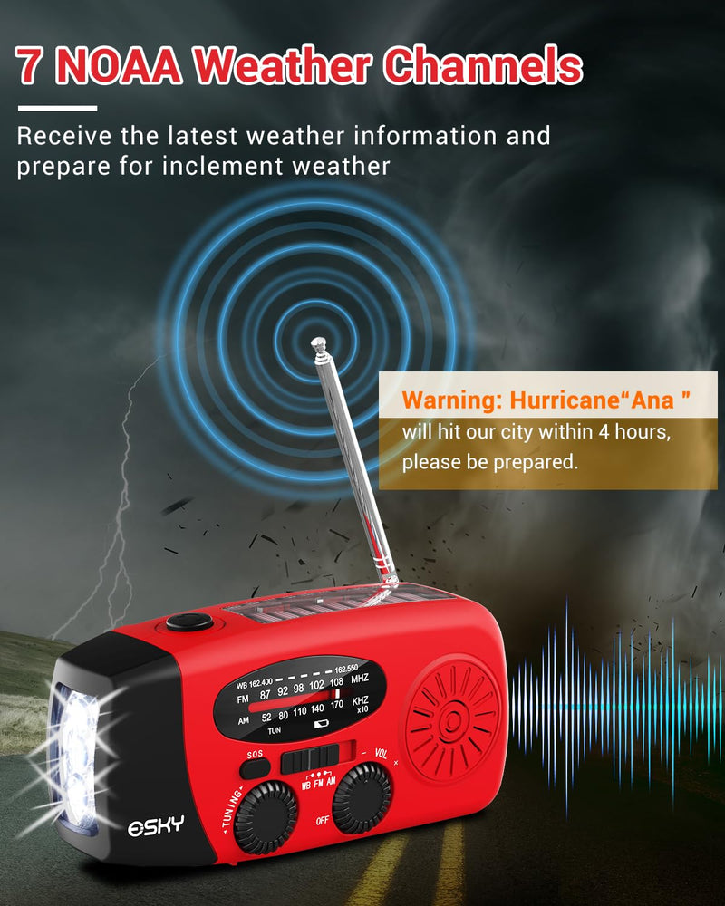 Esky Emergency Hand Crank Radio 7400mWh with 3 LED Flashlight, AM/FM/NOAA Portable Weather Radio with Rechargeable 2000mAh Battery, Solar Powered Radio for Indoor Outdoor Survival Camping, SOS Alarm Red