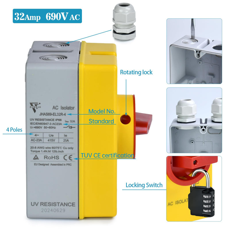 [AUSTRALIA] - 32 Amp AC Disconnect Switch Box Outdoor, 110V 220V 690V AC Isolator Switch, 4 Pole, IP66 Waterproof Isolation PV 3 Phase Disconnect Switch On Off 2 Position 32 Amp 