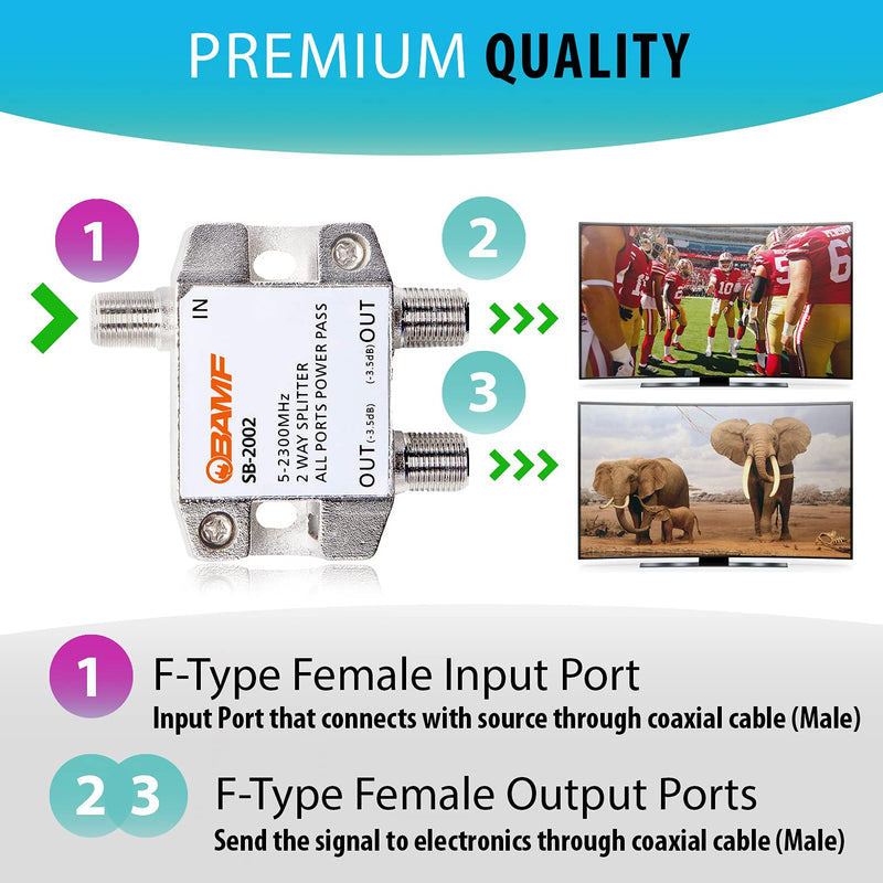 BAMF 2 Way Coaxial Cable Splitter, Bi-Directional Coax MoCA 5-2300MHz, RG6 Compatible, Nickel Plated Cable Splitter Internet and TV Splitter, Satellite, Amplifier, Antenna, Analog/Digital Connections