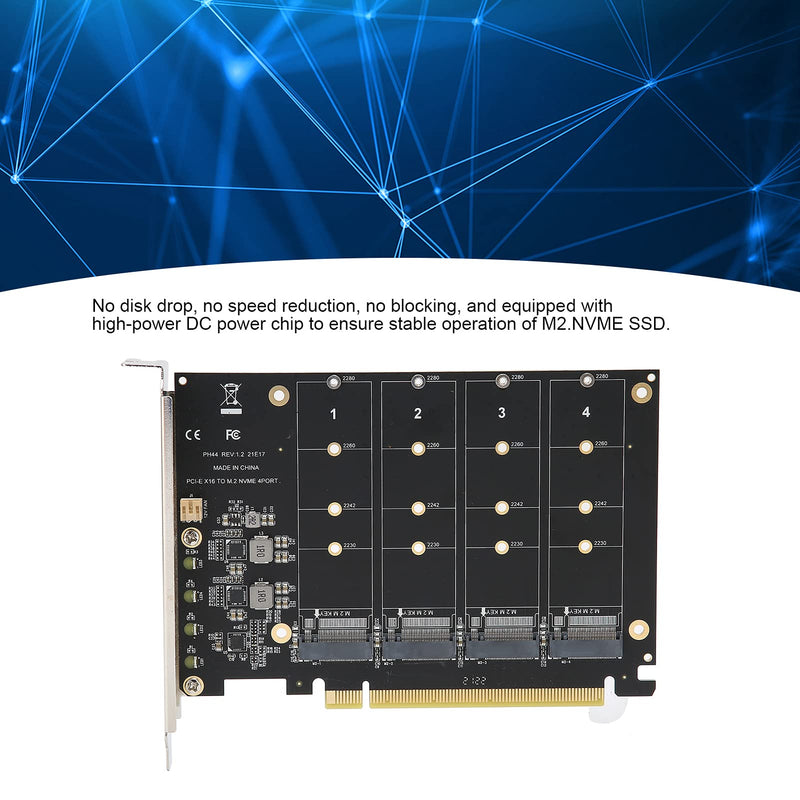 M.2 NVME SSD to PCIe 4.0 Adapter Card, 4 Port M.2 NVMe to PCIE x16 Expansion Card for M Key NVMe SSD, 4 x 32Gbps Full‑Speed(ph44) ph44