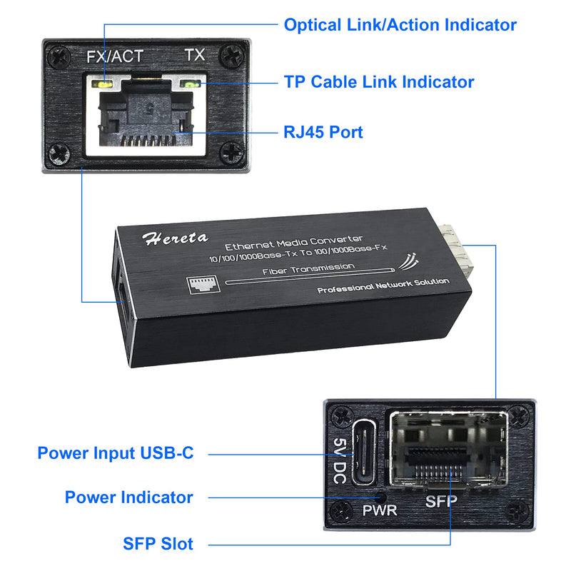 Gigabit Fiber Media Converter, Single Mode LC Fiber to Ethernet Converter for 10/100/1000Base-Tx to 100/1000Base-Fx with a SFP MMF 1310nm Module, SFP to RJ45, up to 20km