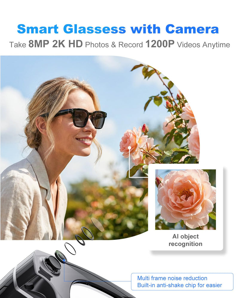 AI Smart Glasses with Camera and Bluetooth, 8MP 32GB 1200P HD Cam Glasses | Supports Photo/Video/Audio Recording, Real-Time Translation, Voice Assistant, Object Recognition for Life Work Vlog Black frame + Black lens