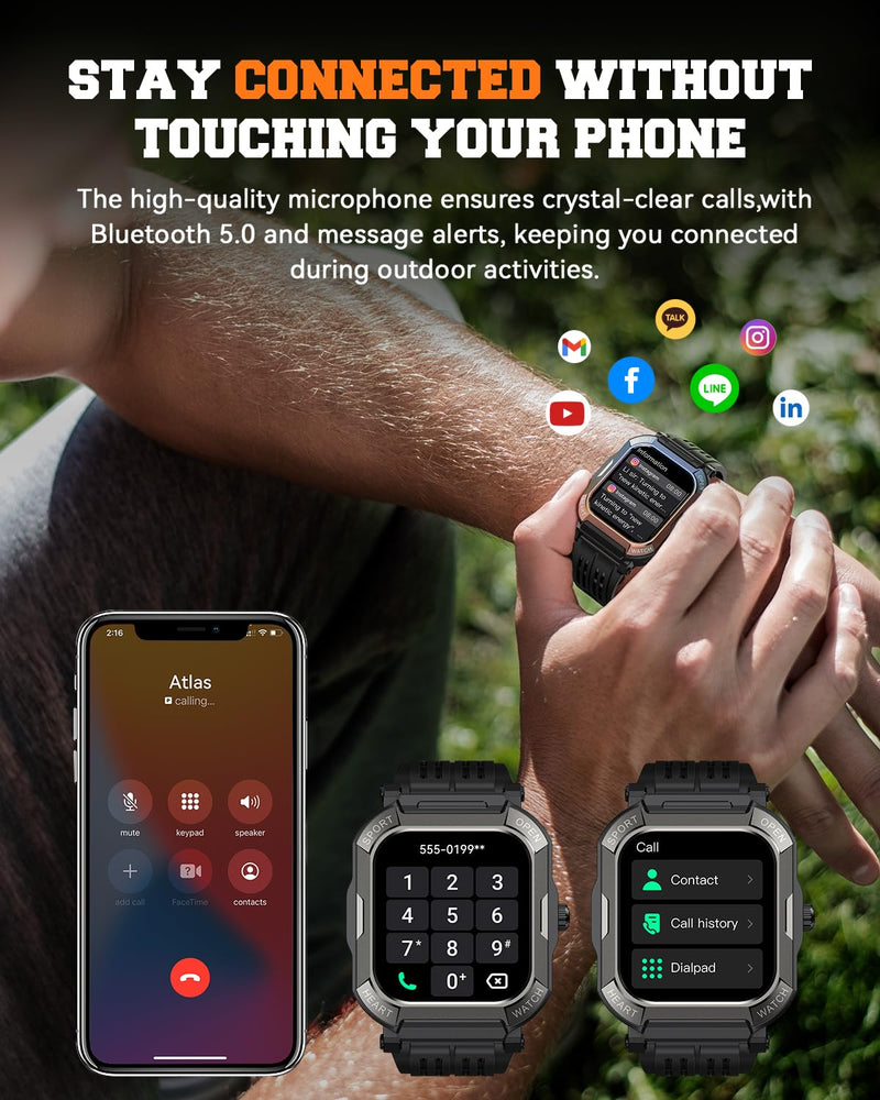 Smart Watch for Men Fitness Tracker: Military Digital Mens Watches Bluetooth Make Answer Call Running Waterproof Smartwatch Android Phones iPhone Samsung Compatible Sleep Monitor Step Pedometer Black 1.91