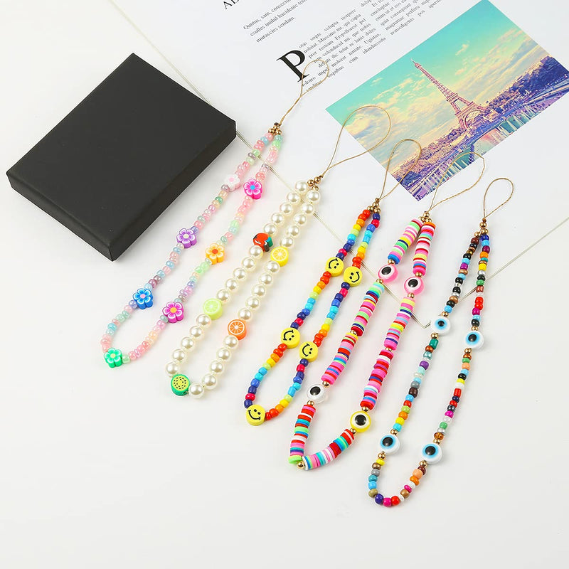 Taouzi 6PCS Beaded Phone Lanyard Wrist Strap Face Beaded Phone Charm Fruit Star Pearl Rainbow Color Beaded Phone Chain Strap for Women Girls Style6-1