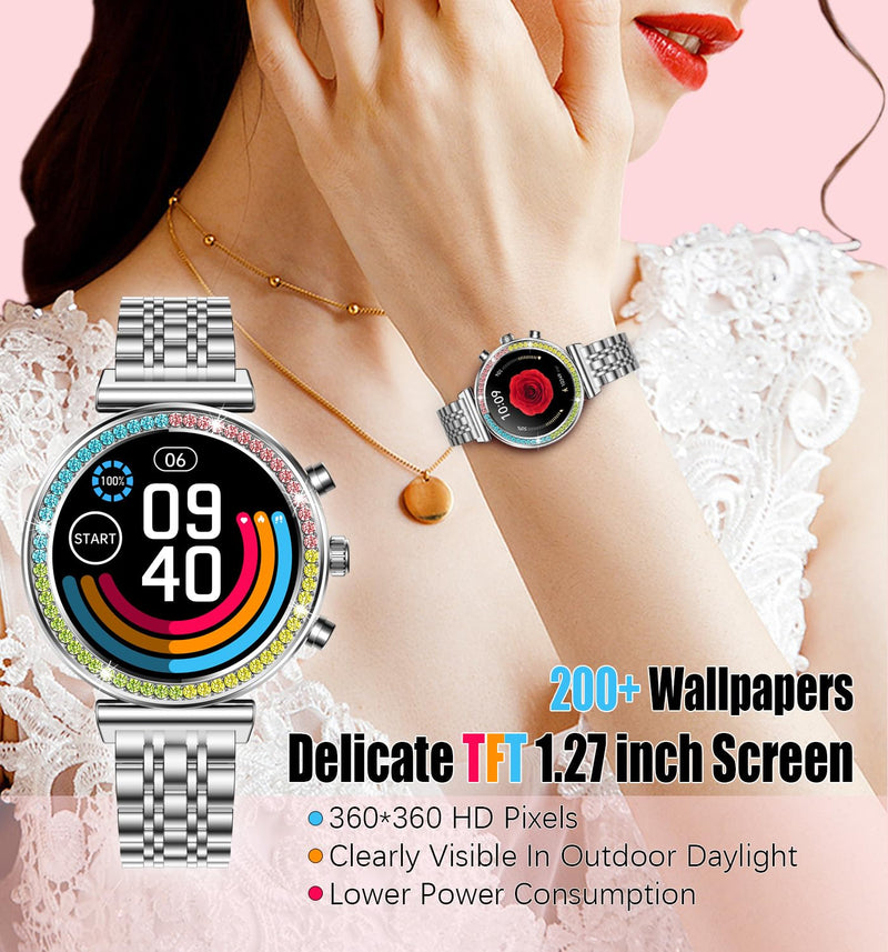 Fitness Smart Watch for Women, 1.27" HD Display, Bluetooth Calls, Waterproof Sports Women's Smartwatch, Heart Rate Monitor, Pedometer – Compatible with Android & iOS (Full Silver) Full Silver