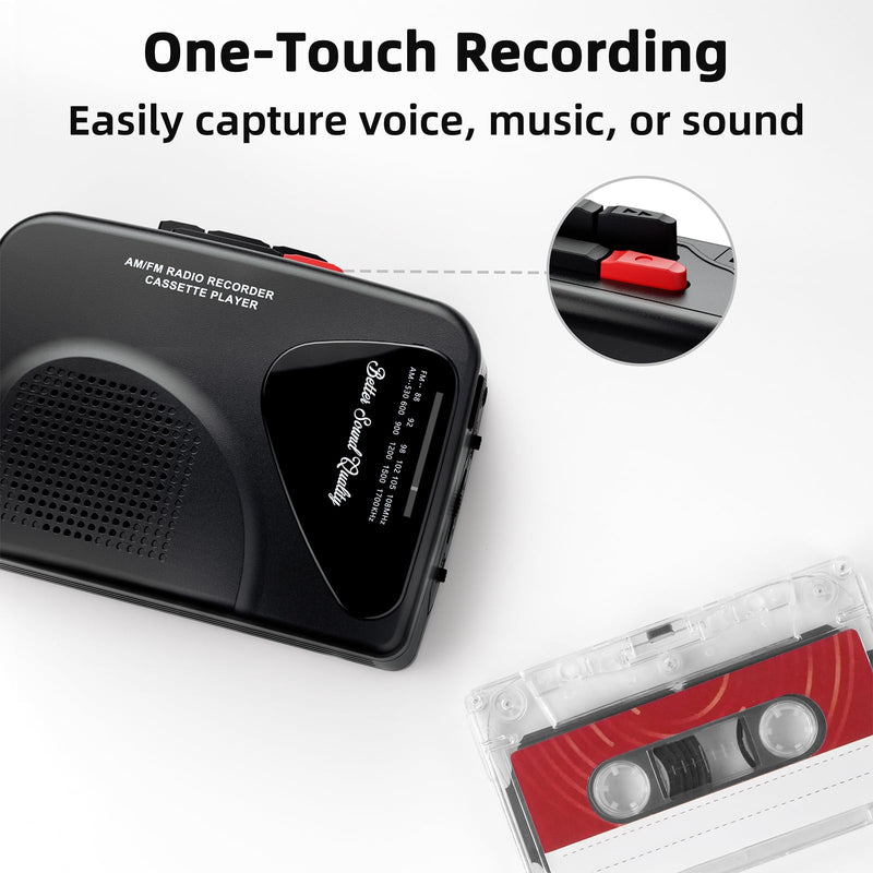 Cassette Player Tape Recorders AM/FM Radio, Portable Tape Player Records Built in Speakers Manual Record - 2AA Battery Or DC 5V Supply with 3.5MM Earphone- Black