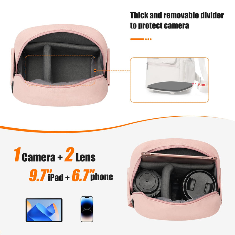 Cwatcun Large Canvas Sling Bag, Crossbody Chest Bag with Tripod Holder | Fits 1body +2lenses +9.7" iPad +6.7"phone.Waterresistant canvas with rain cover, tripod holder, adj strap 29.5-51.2". Pink