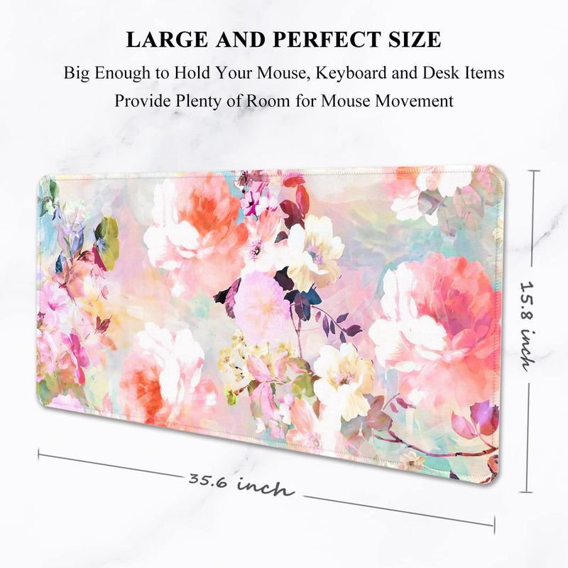 Auhoahsil Desk Pad, XXL Large Mouse Extended Gaming Mousepad, Cute Mat for Women, Big Office Accessories Pad Computer Keyboard and Laptop, 35.5 x 15.7 Inch, Pretty Pink Flowers, Girly Flowers Girly Pink Flowers