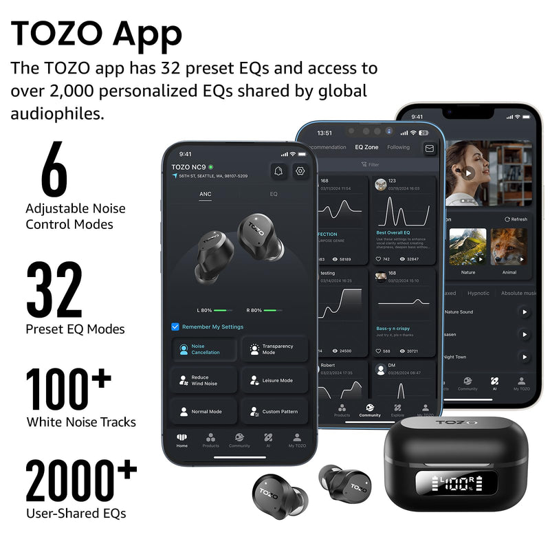 TOZO NC9 Hybrid Active Noise Cancelling Wireless Earbuds, 60H, LED Display | 6 Mic ENC Clear Calls, Deep Bass Sound, IPX8, in Ear Bluetooth 5.3 Headphones,32 EQs via APP, Comfort Fit Ear Buds, Black Dark Black