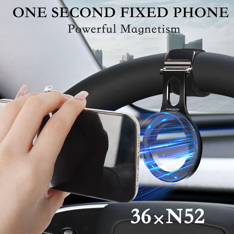 Magnetic Steering Wheel Phone Holder, MagSafe Car Mount for Tesla, 36×N52 Strong Magnet Phone Holder for iPhone Samsung All Phones, Magnetic Ring Included (Black) Black