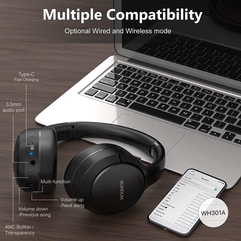 RUNOLIM Hybrid Active Noise Cancelling Headphones, Wireless Over Ear Bluetooth Headphones with Microphone, 70H Playtime, Foldable Headphones with HiFi Audio, Deep Bass for Home Travel Office Black