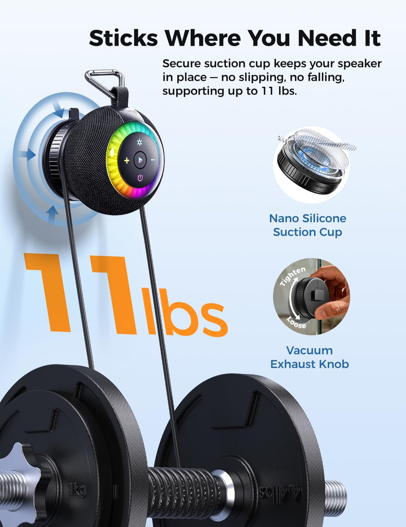 [AUSTRALIA] - Shower Speaker Bluetooth Waterproof Portable: 360° Surround Sound, IPX7 Suction Cup Removable with Vacuum Exhaust Knob, 2 IN1, RGB Lights, BT5.4, TWS, Pool/Beach/Kayak, Gifts for Adults Teens-Black black 