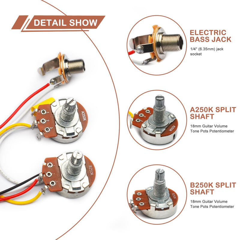 SAPHUE PB Bass Wiring Harness Prewired Kit for Precision Bass Guitar Big 250K Pots 1 Volume 1 Tone Jack