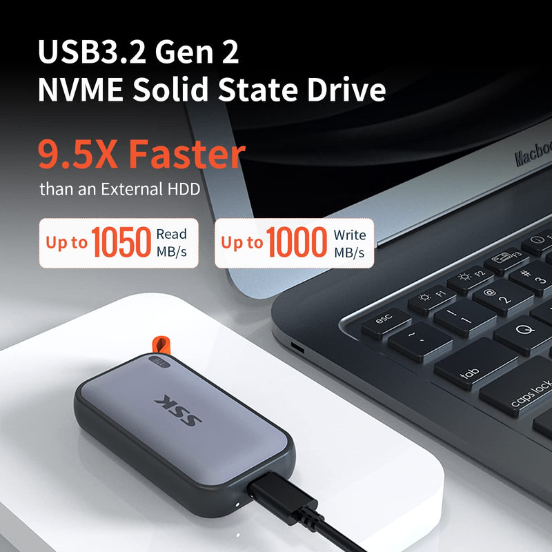 SSK Portable SSD 250GB External Solid State Hard Drive USB C Up to 1050MB/s | USB3.2 Gen2 A&C Cable, SMART & TRIM, 4KHDR ProRes, LED Light, OTG, iPhone 15/16/17Pro Wide Compatible, Aluminum