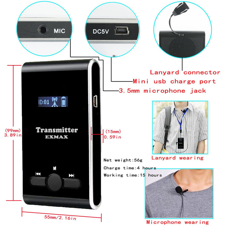 EXMAX EX-100T EX-100 Transmitter + Microphone Only for EX-100 Wireless Tour Guide System Receivers Church Translation Simultaneous Interpreting Teaching Conference Travel Museum Tour(1 Transmitter) EX-100T-1T
