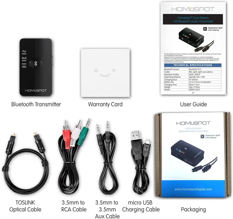 [AUSTRALIA] - HomeSpot Bluetooth 5.3 Transmitter Adapter for TV Audio Optical aptX Low Latency Delay, 3.5mm Aux RCA TOSLINK SPDIF Optical Input for Video Watching Home Stereo [Single Stream Version] 