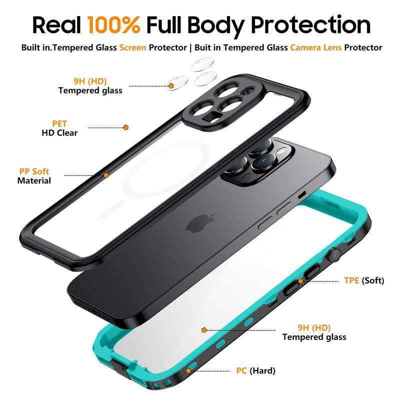 Magnetic for iPhone 14 Pro Case Waterproof [Compatible with MagSafe] [IP68 Underwater] [Built-in Camera Lens & Screen Protector] Full Body Shockproof Phone Case Blue Blue-Mag