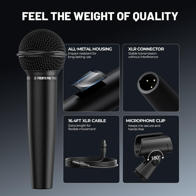 Phenyx Pro Dynamic Vocal Microphone, Cardioid Microphone with 16.4 ft XLR Cable, Mic Clip, Storage Bag, Wired Handheld Mic for Singing, Stage, Studio, Karaoke (PM-25)