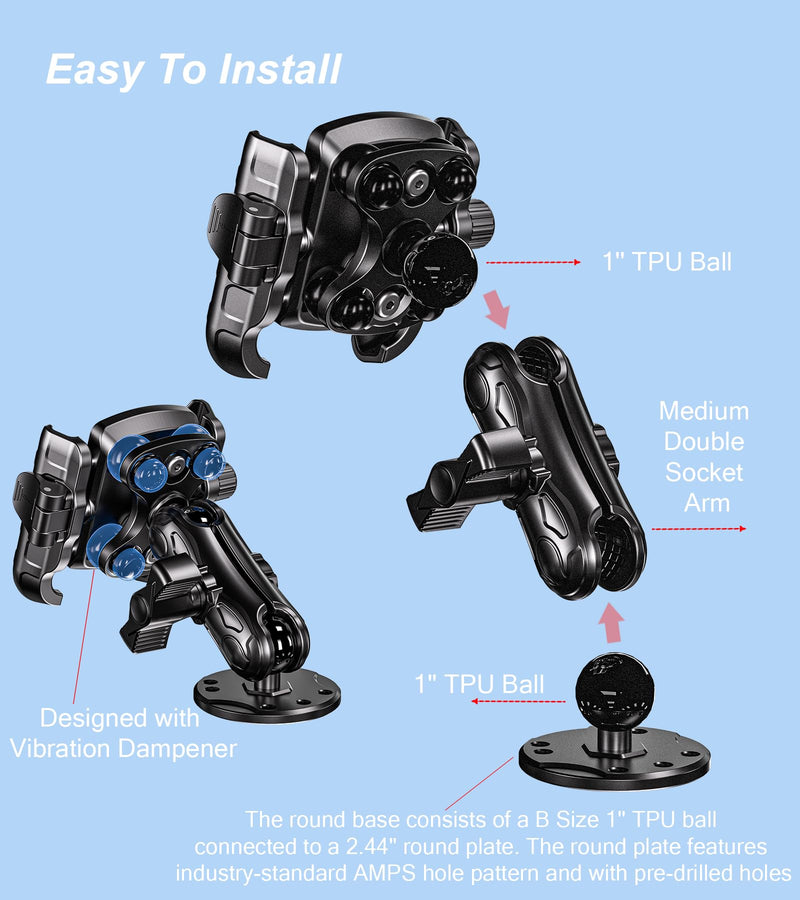 LOKTENWO Anti-Vibration Phone Mount Holder with Vibration Dampener | 1s Lock & Release Camera Friendly Aluminum AMPS Hole Round Base & Medium Arm for Car Truck UTV Boat, Fit 5.4''-7.2'' Phones