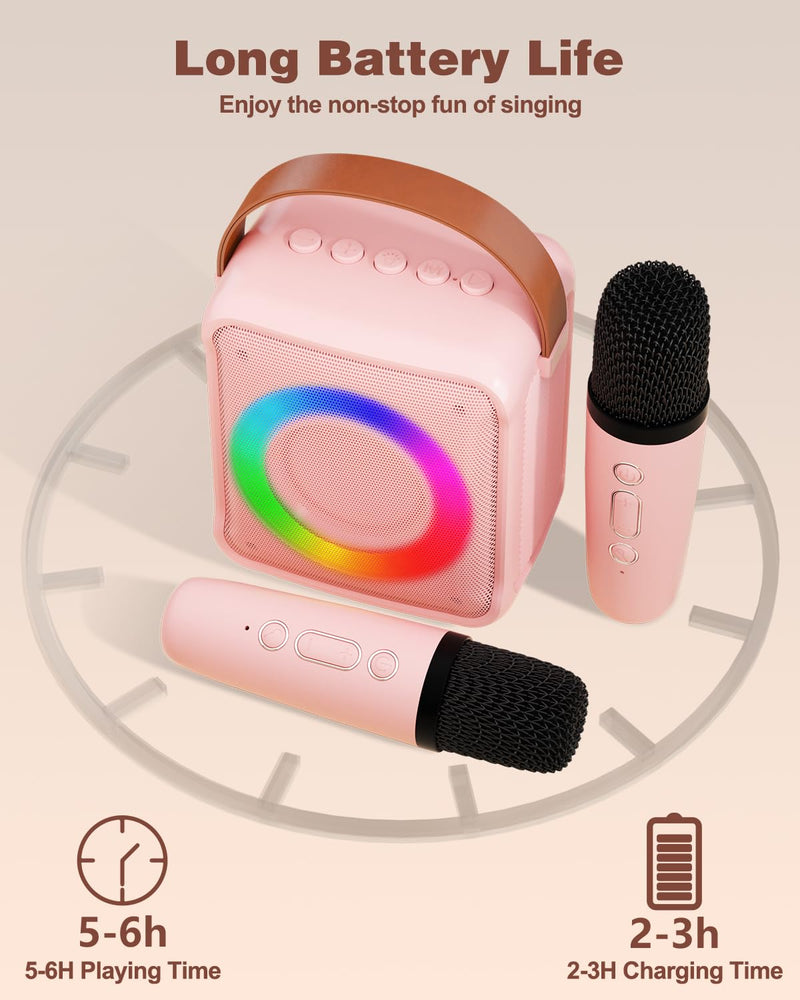 Mini Karaoke Machine for Kids Adults, Portable Bluetooth Speaker with 2 Wireless Microphones, Microphone Speaker Set with LED Disco Lights for Home Party, Birthday Gifts for Girls Boys Kid(Pink) 2 Mic pink