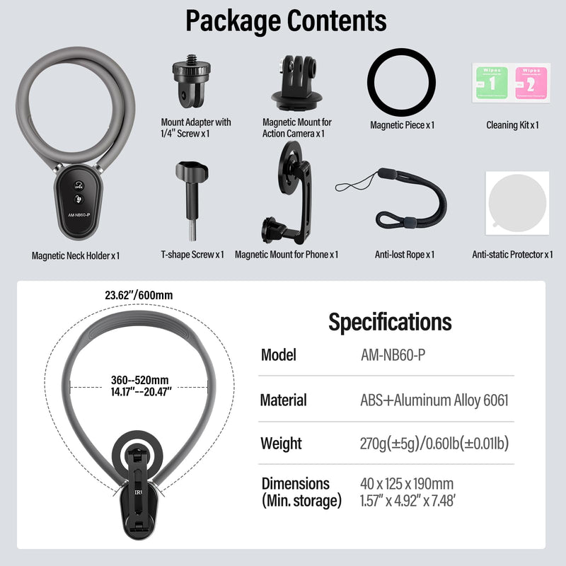 Sirui Magnetic Neck Mount for Phones, Neck Mount Holder POV Hand Free Necklace Mounting Vlog Acessories for iPhone, Android Phones and GoPro Hero 12 11 10 MAX, DJI, Insta360 Action Camera