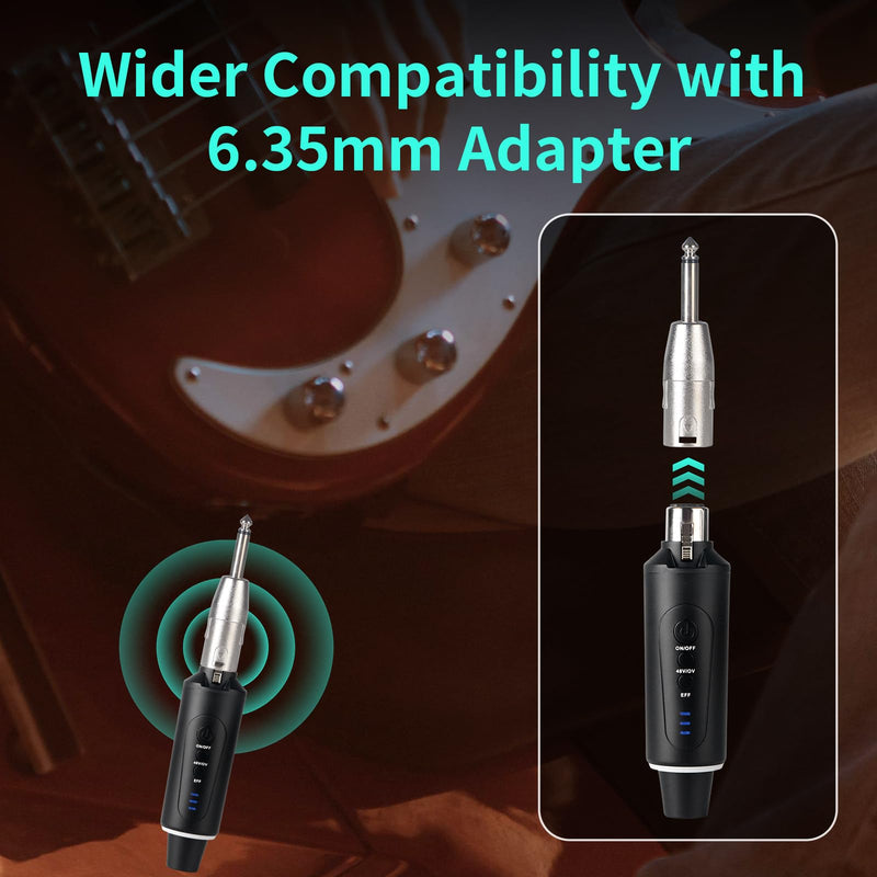 XLR Wireless Microphone System, Wireless Guitar Transmitter Receiver Plug-on for Dynamic and 48V Condenser Microphones, Audio Mixer, with 48V Phantom Power and Reverb Switch (2 transmitter,1 receiver)